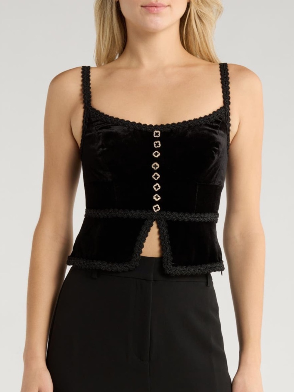 NEW REFORMATION Minna Velvet Top Lace Trim Split Hem Black Button Up Camisole 4